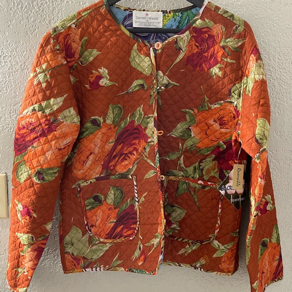 NWT Sacred‎ Threads Women Reservable Floral Quilted Jacket Orange/Green Size Med